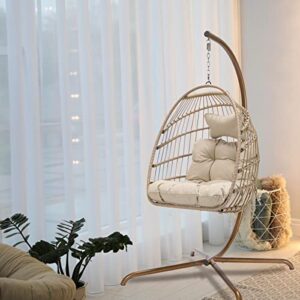 outplatio hanging chair with stand for outdoor indoor with cushion swing chairs for outside bedroom patio porch garden rattan wicker hanging egg chair basket chair 350 lbs capacity (beige)