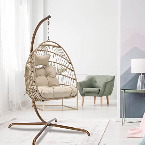 OUTPLATIO Hanging Chair with Stand for Outdoor Indoor with Cushion Swing Chairs for Outside Bedroom Patio Porch Garden Rattan Wicker Hanging Egg Chair Basket Chair 350 lbs Capacity (Beige)