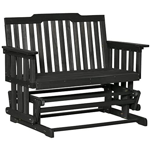 Outsunny 2-Person Outdoor Glider Bench, Wood, Quick Drying, Wide Armrest, Rocking Chair Loveseat for Backyard Garden Porch, Black