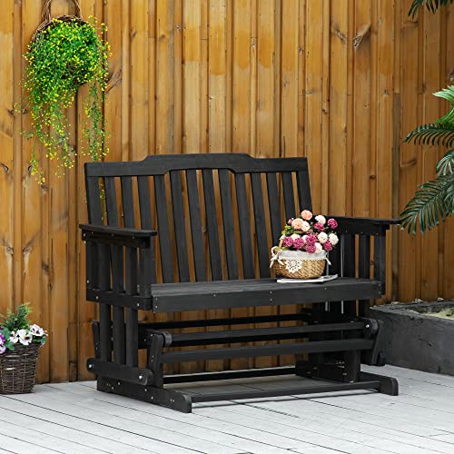 Outsunny 2-Person Outdoor Glider Bench, Wood, Quick Drying, Wide Armrest, Rocking Chair Loveseat for Backyard Garden Porch, Black