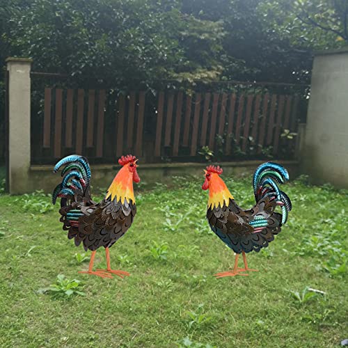 SUNREEK Rooster Garden Statues Decor, Outdoor Metal Chicken Sculpture Yard Art for Farm Patio Lawn Back Yard Home Decorations (Brown)