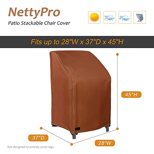 NettyPro Stackable Chair Covers 2 Pack Waterproof Outdoor Stack Chairs Cover Patio Furniture Stacking Chair Covers, Fits for 4-6 Stackable Dining High Back Chairs, 28 W x 35 D x 45 H inch, Brown