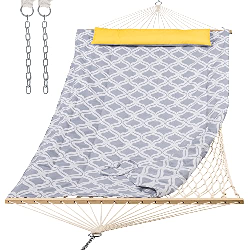 SUNCREAT Portable Double Rope Hammock with Pad, Two Person Tree Hammock for Garden, Backyard, Patio, Poolside, Gray Drops