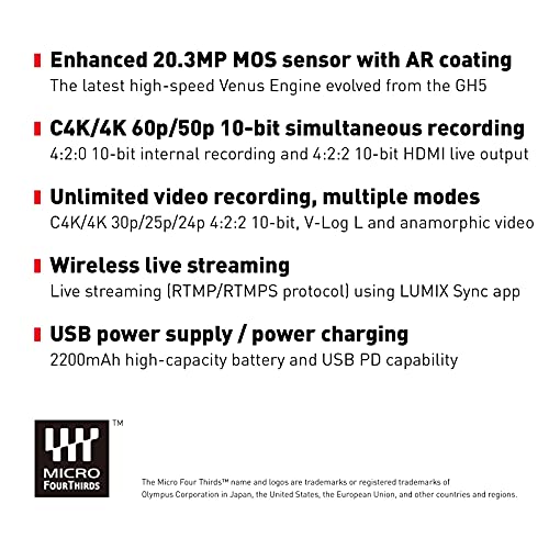 Panasonic LUMIX GH5M2, 20.3MP Mirrorless Micro Four Thirds Camera with Live Streaming, 4K 4:2:2 10-Bit Video, Unlimited Video Recording, 5-Axis Image Stabilizer DC-GH5M2