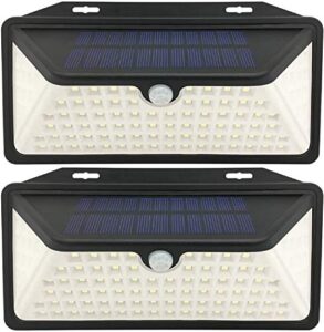 wbm smart solar outdoor lights, 100 led ip65 waterproof, security lights for front door, yard, garage, deck(2pack) , white