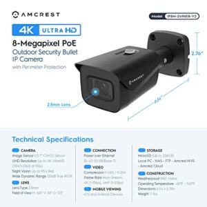 Amcrest UltraHD 4K (8MP) Outdoor Bullet Security IP POE Camera, 98ft NightVision, 2.8mm Lens, IP67 Weatherproof, 256GB MicroSD Recording, Black (IP8M-2496EB-V2)