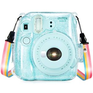 wolven clear camera case w adjustable rainbow shoulder strap compatible with fujifilm instax mini 8, mini 8+, mini 9 instant camera (crystal)