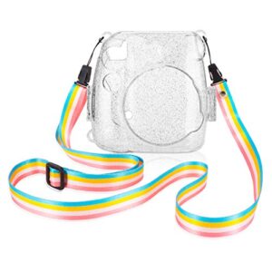 Wolven Clear Camera Case w Adjustable Rainbow Shoulder Strap Compatible with Fujifilm Instax Mini 8, Mini 8+, Mini 9 Instant Camera (Crystal)