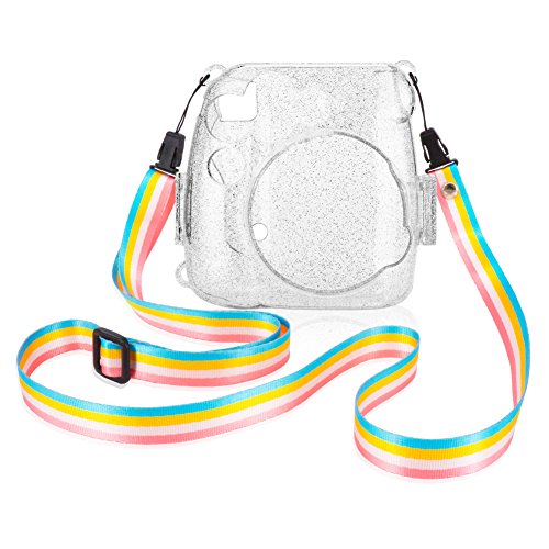 Wolven Clear Camera Case w Adjustable Rainbow Shoulder Strap Compatible with Fujifilm Instax Mini 8, Mini 8+, Mini 9 Instant Camera (Crystal)