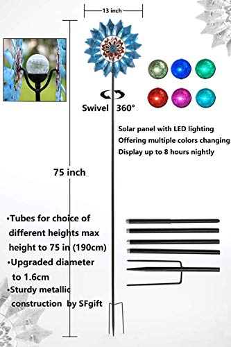 Solar Wind Spinner Azure 360 Degrees Rotate with Multicolor Crackle Glass Globe LED Light Kinetic Dual Direction Wind Spinner for Garden Backyard Lawn Decoration