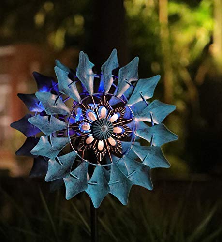 Solar Wind Spinner Azure 360 Degrees Rotate with Multicolor Crackle Glass Globe LED Light Kinetic Dual Direction Wind Spinner for Garden Backyard Lawn Decoration