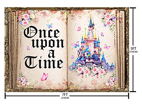 AIBIIN 7x5ft Once Upon a Time Backdrop Fairy Tale Books Castle Pink Floral Princess Romantic Story Old Opening Book Photo Background Wedding Baby Shower Birthday Party Decorations Banner Photo Props