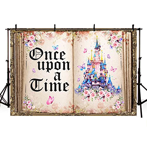 AIBIIN 7x5ft Once Upon a Time Backdrop Fairy Tale Books Castle Pink Floral Princess Romantic Story Old Opening Book Photo Background Wedding Baby Shower Birthday Party Decorations Banner Photo Props