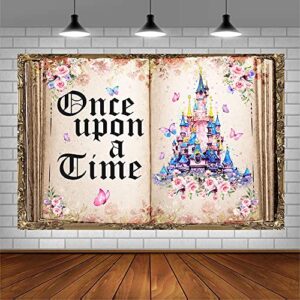 AIBIIN 7x5ft Once Upon a Time Backdrop Fairy Tale Books Castle Pink Floral Princess Romantic Story Old Opening Book Photo Background Wedding Baby Shower Birthday Party Decorations Banner Photo Props