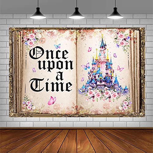 AIBIIN 7x5ft Once Upon a Time Backdrop Fairy Tale Books Castle Pink Floral Princess Romantic Story Old Opening Book Photo Background Wedding Baby Shower Birthday Party Decorations Banner Photo Props