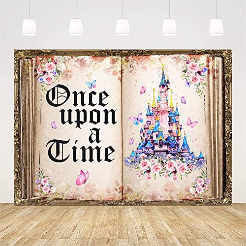 AIBIIN 7x5ft Once Upon a Time Backdrop Fairy Tale Books Castle Pink Floral Princess Romantic Story Old Opening Book Photo Background Wedding Baby Shower Birthday Party Decorations Banner Photo Props