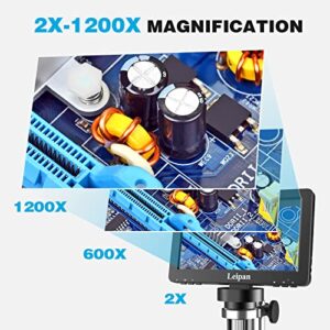 Leipan DM9H HDMI Coin Microscope with 7" IPS Screen,1200X Magnification Soldering Microscope,Longer 8.5" Stand,Digital Microscope with 32GB Card,Windows/Mac/TV Compatible