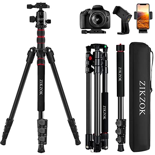 ZIKZOK 80" Camera Tripod,Travel Lightweight Heavy Duty Tripods & Monopods with 360°Ball Head,Phone Holder,33lb Load,Compatible with DSLR Cameras,Smart Phone,Projector,Webcam,Spotting Scopes