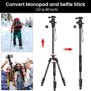 ZIKZOK 80" Camera Tripod,Travel Lightweight Heavy Duty Tripods & Monopods with 360°Ball Head,Phone Holder,33lb Load,Compatible with DSLR Cameras,Smart Phone,Projector,Webcam,Spotting Scopes