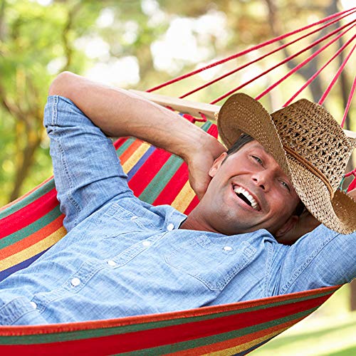 HappyGo Cotton Hammock with Spreader Bar 9ft Canvas Hammock with Tree Straps Carabiners Rainbow Hammock Swing to 550lbs for Patio, Backyard, Garden, Home Lounging Gift to Father`s Day Present