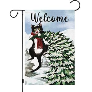 welcome winter garden flag 12×18 double sided, burlap farmhouse small pine tree black cat garden yard flags for winter seasonal outside outdoor house holiday decor (only flag)