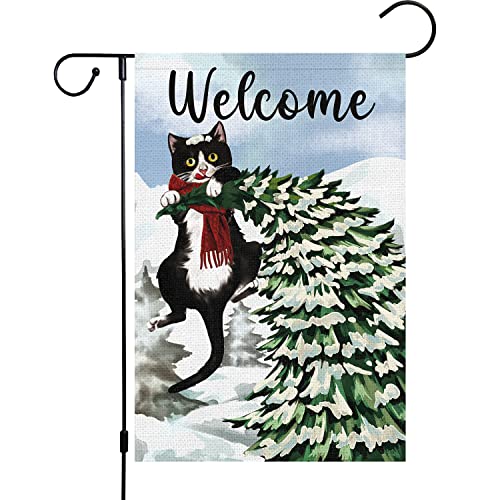 Welcome Winter Garden Flag 12x18 Double Sided, Burlap Farmhouse Small Pine Tree Black Cat Garden Yard Flags for Winter Seasonal Outside Outdoor House Holiday Decor (ONLY FLAG)