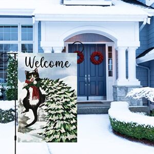 Welcome Winter Garden Flag 12x18 Double Sided, Burlap Farmhouse Small Pine Tree Black Cat Garden Yard Flags for Winter Seasonal Outside Outdoor House Holiday Decor (ONLY FLAG)