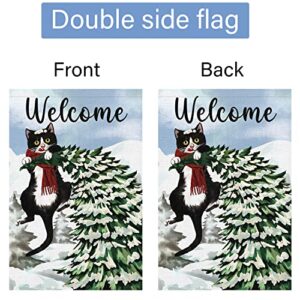 Welcome Winter Garden Flag 12x18 Double Sided, Burlap Farmhouse Small Pine Tree Black Cat Garden Yard Flags for Winter Seasonal Outside Outdoor House Holiday Decor (ONLY FLAG)