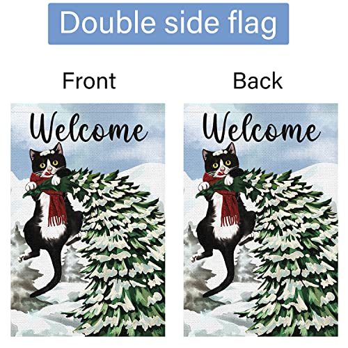 Welcome Winter Garden Flag 12x18 Double Sided, Burlap Farmhouse Small Pine Tree Black Cat Garden Yard Flags for Winter Seasonal Outside Outdoor House Holiday Decor (ONLY FLAG)