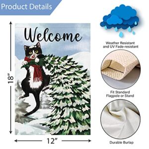 Welcome Winter Garden Flag 12x18 Double Sided, Burlap Farmhouse Small Pine Tree Black Cat Garden Yard Flags for Winter Seasonal Outside Outdoor House Holiday Decor (ONLY FLAG)