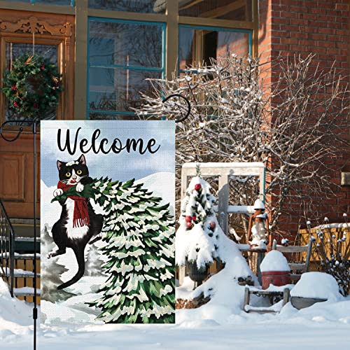Welcome Winter Garden Flag 12x18 Double Sided, Burlap Farmhouse Small Pine Tree Black Cat Garden Yard Flags for Winter Seasonal Outside Outdoor House Holiday Decor (ONLY FLAG)