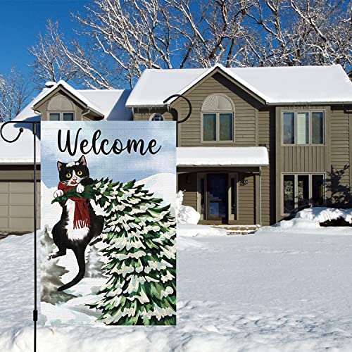 Welcome Winter Garden Flag 12x18 Double Sided, Burlap Farmhouse Small Pine Tree Black Cat Garden Yard Flags for Winter Seasonal Outside Outdoor House Holiday Decor (ONLY FLAG)