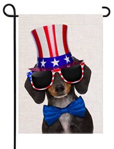 uanvaha dachshund dog garden flag double sided cute sausage puppy wearing american flag hat sunglasses tie welcome small yard flag seasonal outside decor yard farmhouse 12.5x18 inch