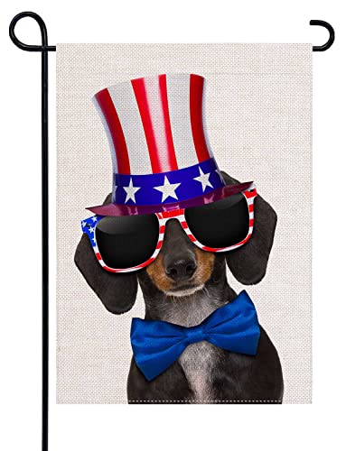 Uanvaha Dachshund Dog Garden Flag Double Sided Cute Sausage Puppy Wearing American Flag Hat Sunglasses Tie Welcome Small Yard Flag Seasonal Outside Decor Yard Farmhouse 12.5X18 Inch