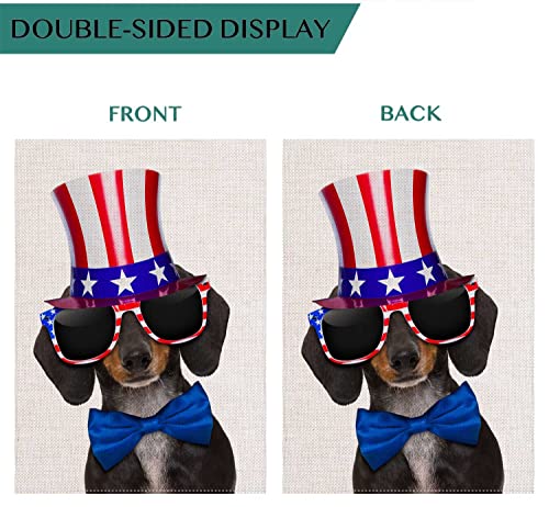 Uanvaha Dachshund Dog Garden Flag Double Sided Cute Sausage Puppy Wearing American Flag Hat Sunglasses Tie Welcome Small Yard Flag Seasonal Outside Decor Yard Farmhouse 12.5X18 Inch