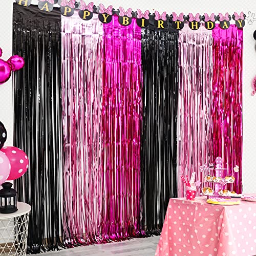 LOLStar 3 Pack Minnie Birthday Party Supplies,3.3x6.6 ft Black Pink Fuchsia Tinsel Foil Fringe Curtains,Cartoon Mouse Photo Booth Prop Streamer Backdrop,Minnie Themed Party Decoration for Girls Babies