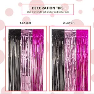 LOLStar 3 Pack Minnie Birthday Party Supplies,3.3x6.6 ft Black Pink Fuchsia Tinsel Foil Fringe Curtains,Cartoon Mouse Photo Booth Prop Streamer Backdrop,Minnie Themed Party Decoration for Girls Babies