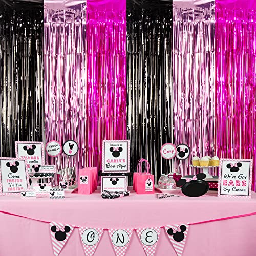 LOLStar 3 Pack Minnie Birthday Party Supplies,3.3x6.6 ft Black Pink Fuchsia Tinsel Foil Fringe Curtains,Cartoon Mouse Photo Booth Prop Streamer Backdrop,Minnie Themed Party Decoration for Girls Babies