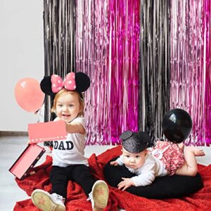 LOLStar 3 Pack Minnie Birthday Party Supplies,3.3x6.6 ft Black Pink Fuchsia Tinsel Foil Fringe Curtains,Cartoon Mouse Photo Booth Prop Streamer Backdrop,Minnie Themed Party Decoration for Girls Babies