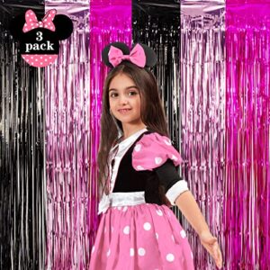 LOLStar 3 Pack Minnie Birthday Party Supplies,3.3x6.6 ft Black Pink Fuchsia Tinsel Foil Fringe Curtains,Cartoon Mouse Photo Booth Prop Streamer Backdrop,Minnie Themed Party Decoration for Girls Babies