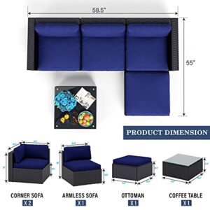 PHI VILLA 5 Piece Patio Furniture Sets,Outdoor Sectional Sofa All Weather Upgrade Wicker Conversation Set with Tea Table&Cushion(Navy Blue)