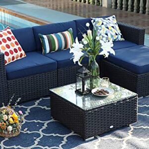 PHI VILLA 5 Piece Patio Furniture Sets,Outdoor Sectional Sofa All Weather Upgrade Wicker Conversation Set with Tea Table&Cushion(Navy Blue)