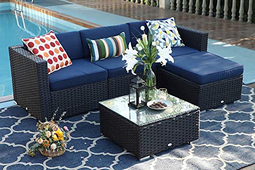 PHI VILLA 5 Piece Patio Furniture Sets,Outdoor Sectional Sofa All Weather Upgrade Wicker Conversation Set with Tea Table&Cushion(Navy Blue)