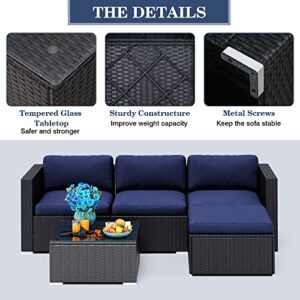 PHI VILLA 5 Piece Patio Furniture Sets,Outdoor Sectional Sofa All Weather Upgrade Wicker Conversation Set with Tea Table&Cushion(Navy Blue)