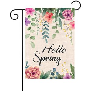 wodison hello spring garden flag floral small vertical banner double sided burlap 12×18 inch seasonal outside decoration for outdoor yard farmhouse (only flag)