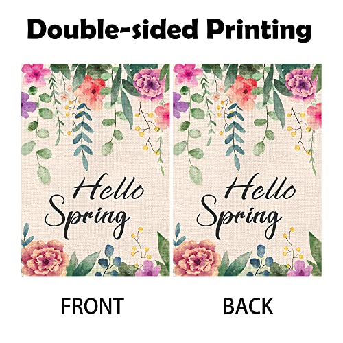 WODISON Hello Spring Garden Flag Floral Small Vertical Banner Double Sided Burlap 12×18 Inch Seasonal Outside Decoration For Outdoor Yard Farmhouse (ONLY FLAG)