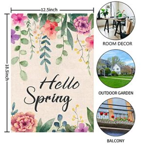 WODISON Hello Spring Garden Flag Floral Small Vertical Banner Double Sided Burlap 12×18 Inch Seasonal Outside Decoration For Outdoor Yard Farmhouse (ONLY FLAG)