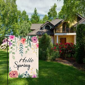 WODISON Hello Spring Garden Flag Floral Small Vertical Banner Double Sided Burlap 12×18 Inch Seasonal Outside Decoration For Outdoor Yard Farmhouse (ONLY FLAG)