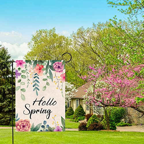 WODISON Hello Spring Garden Flag Floral Small Vertical Banner Double Sided Burlap 12×18 Inch Seasonal Outside Decoration For Outdoor Yard Farmhouse (ONLY FLAG)