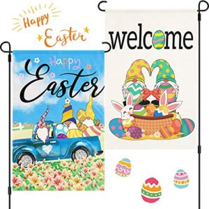 tatuo 2 pieces easter garden flag 12 x 18 inch double sided burlap yard flags holiday rabbit gnome house flag egg spring decorative flag for outdoor decoration